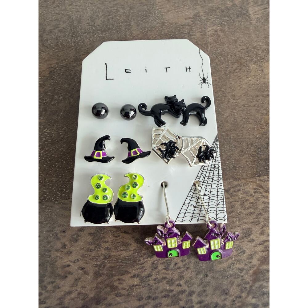 New Leith Halloween 6 Pair Earring Set Cats Witch Cauldron Spider Haunted Houses